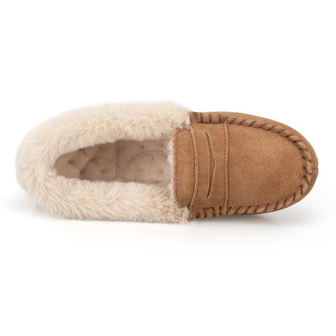 Isotoner® Ladies Fur Lined Suede Moccasin Slipper With Keeper Tab Tan Extra Image 4